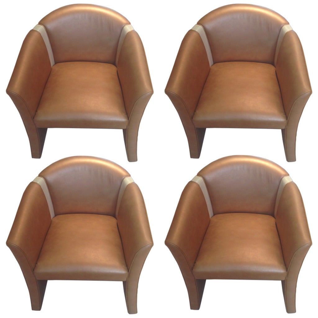 Four Custom Leather and Wood Barrel Back Chairs