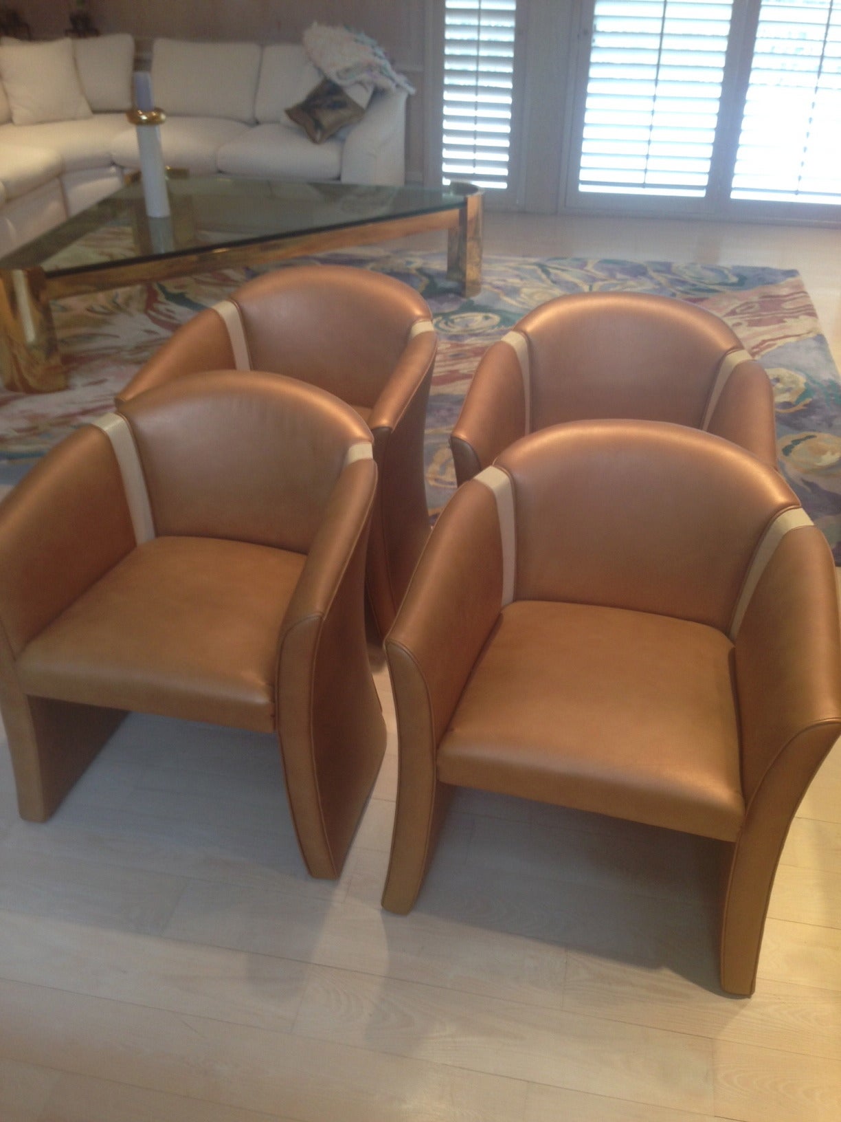 American Four Custom Leather and Wood Barrel Back Chairs