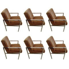 Set of 6 Milo Baughman Style Chrome and Velvet Armchairs