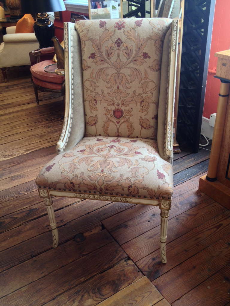Chairs are originally by Beacon Hill in a cream and gold carved wood.
Redone in top of the line absolutely gorgeous upholstery, neutral taupe mohair on the sides and backs, patterned Anichini fabric on front, all finished with nailheads.
Beautiful
