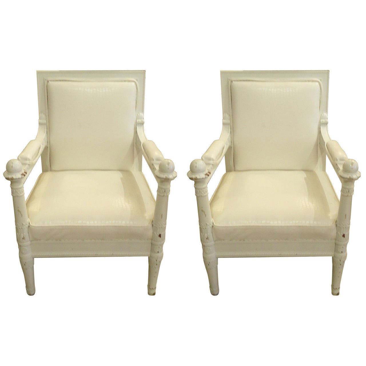 Pair of Carved Wood White on White Throne Chairs