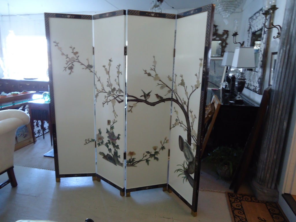 Coromandel Screen, Four Parts,  Black Lacquer Trim, White Lacquer Panels with Ornate Jade and Agate Decoration  4 panels, each measures 18