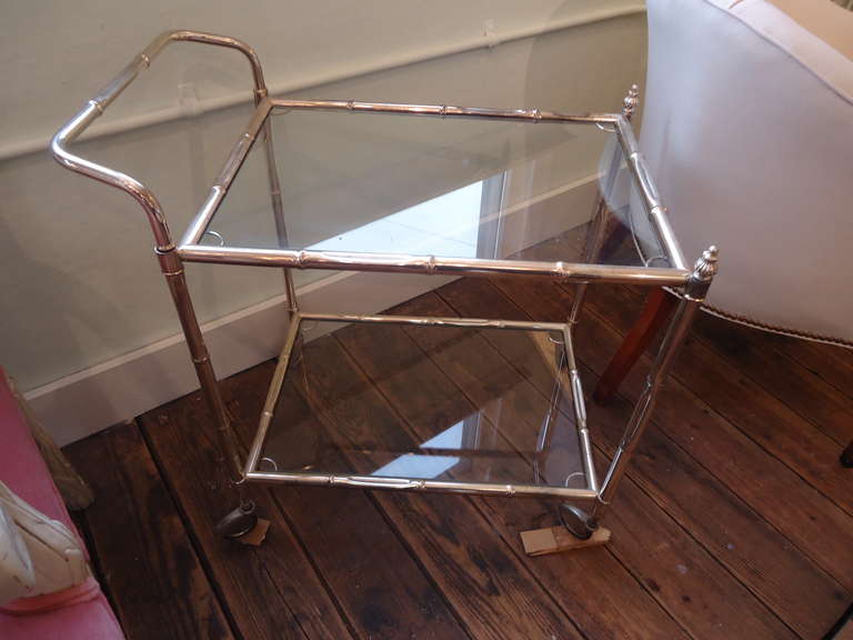 Silverplate Hollywood Regency Faux Bamboo Bar Cart In Good Condition In Hopewell, NJ
