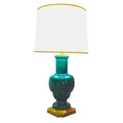 Vintage Peacock Turquoise Glazed Ceramic Lamp on Brass Base