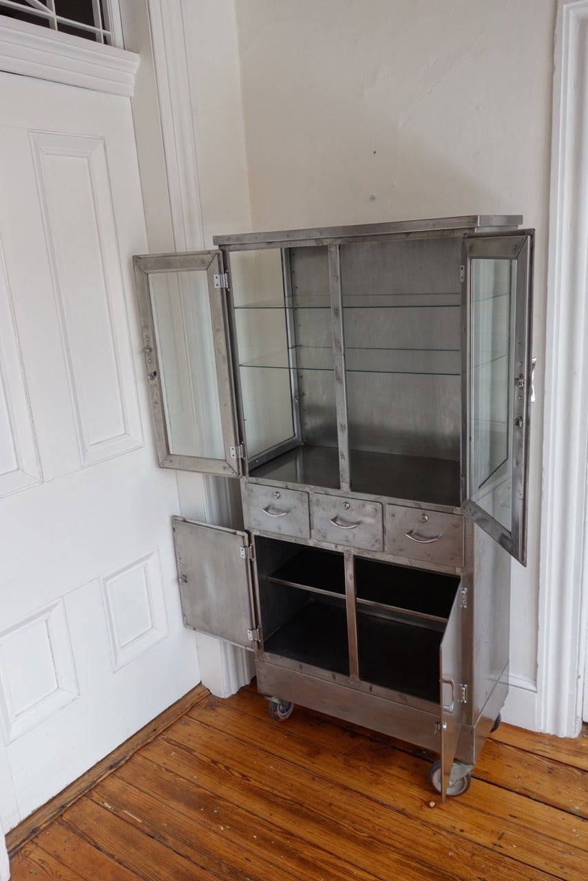 Industrial Mid-Century Steel and Glass Medicine Cabinet