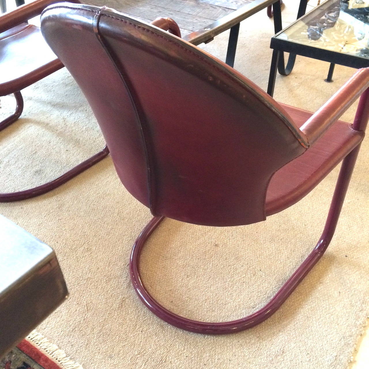 Mid-Century Modern Four Rich Italian Cranberry Leather and Aluminum Armchairs