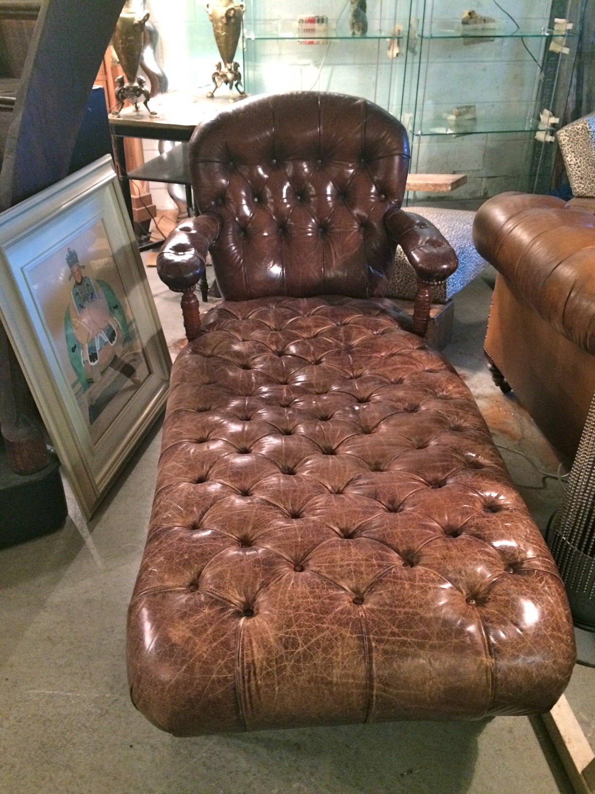19th Century Rare Aristocratic English Leather Button Tufted Chaise Longue
