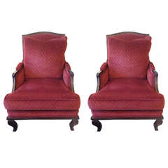 Plush Pair of Large Velvet Armchairs with Walnut Frames