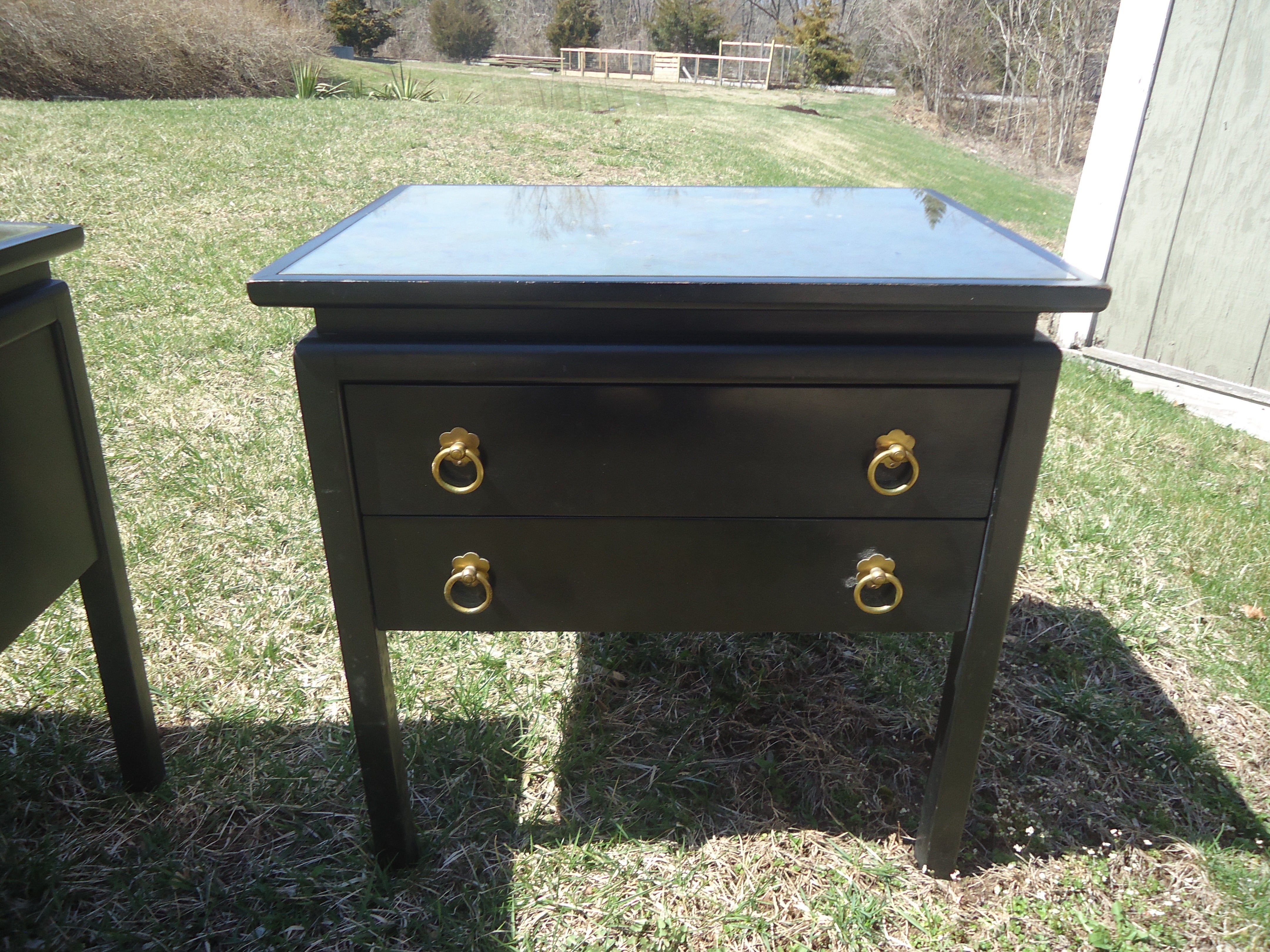 Pair of Black Laquered Night Stand/End Tables with Mirrored Tops