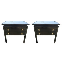 Vintage Pair of Black Laquered Night Stand/End Tables with Mirrored Tops
