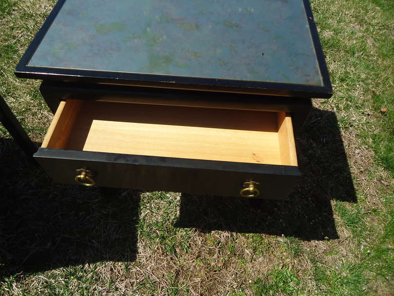 Mid-Century Modern Pair of Black Laquered Night Stand/End Tables with Mirrored Tops