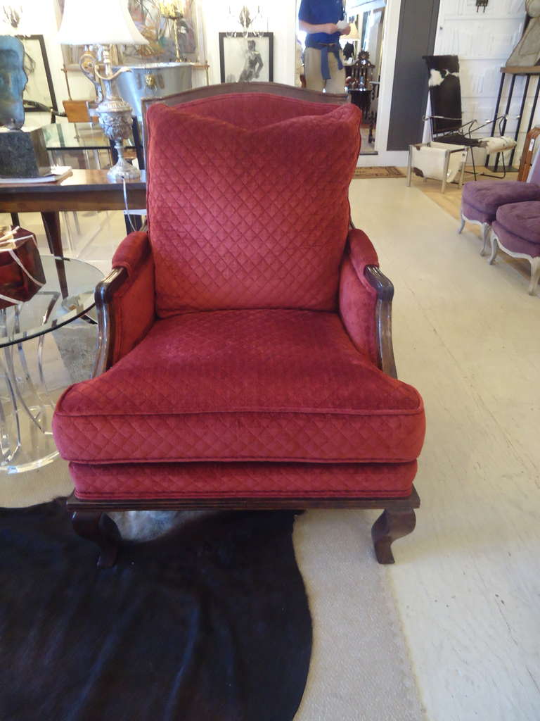 Regal and luxurious, very large substantial armchairs by Bausm & Co, California.
Maroon quilted velvet and walnut frames.  Beautifully constructed.
Back of chair 26
