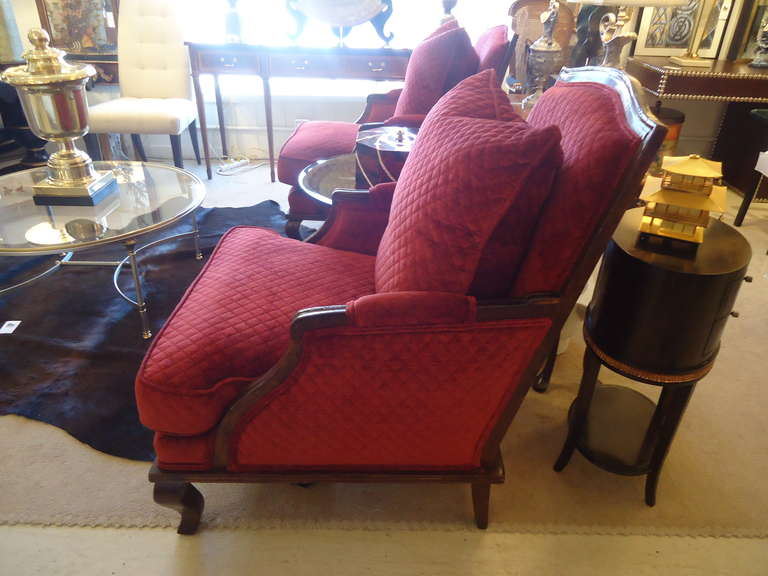 American Plush Pair of Large Velvet Armchairs with Walnut Frames