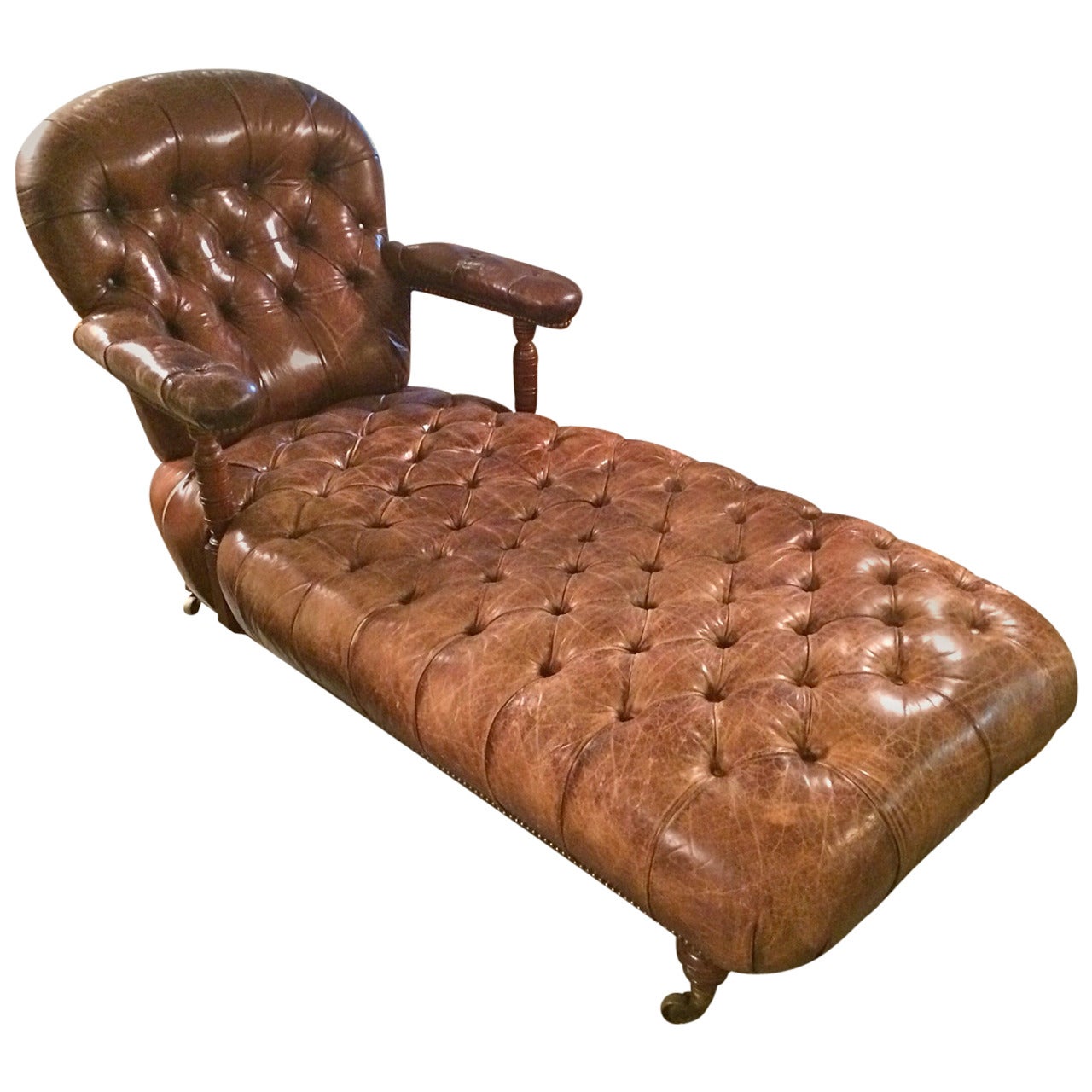 Rare Aristocratic English Leather Button Tufted Chaise Longue