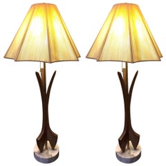 Pair of Mid-Century Modern Wood and Marble Lamps