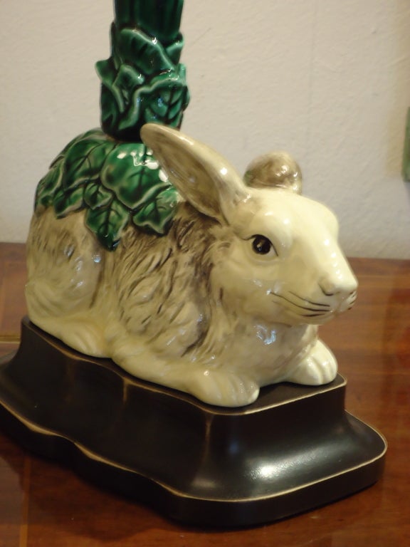 American Charming Pair of Majolica Bunny Lamps