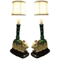 Charming Pair of Majolica Bunny Lamps