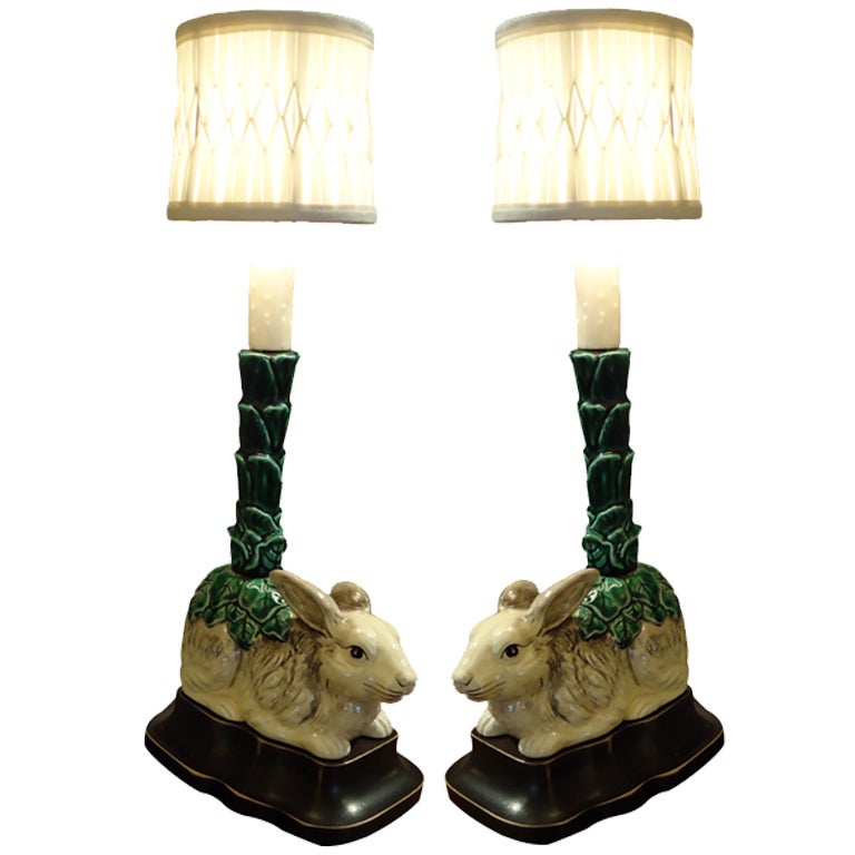 Charming Pair of Majolica Bunny Lamps