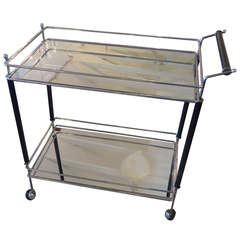 Chrome, Mirror and Ebonized Wood Midcentury Bar Cart