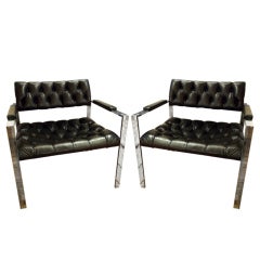 Pair of Tufted Black Leather Midcentury Modern Armchairs