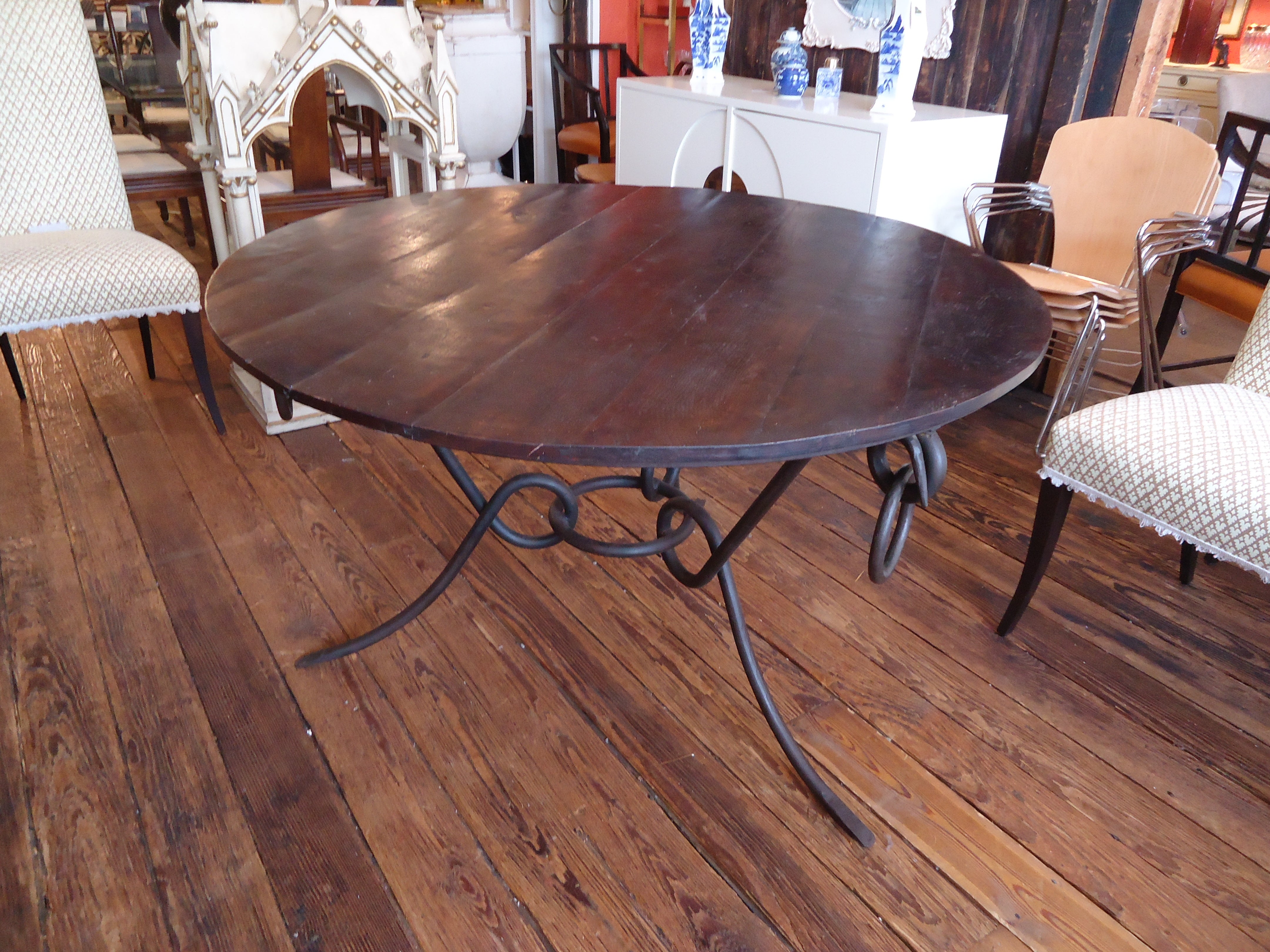 Round Rustic Wood Dining Table on Iron Base