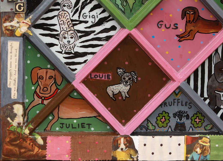 Hund-Gemälde und Collage auf Vintage-Fenster im Zustand „Hervorragend“ im Angebot in Hopewell, NJ