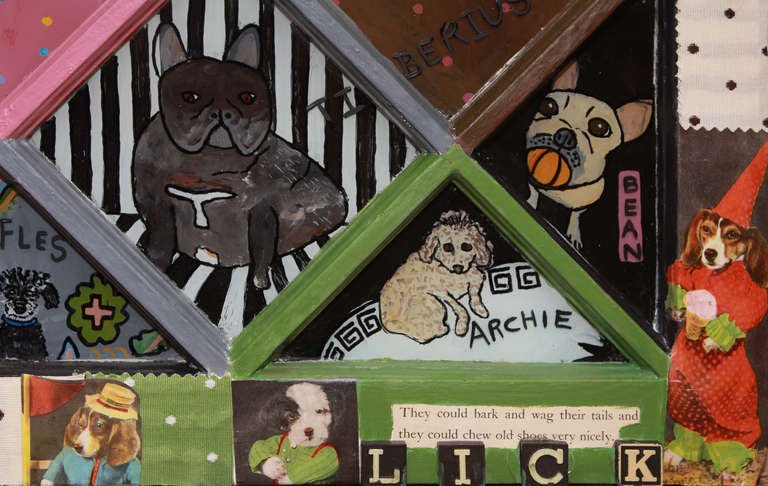 Hund-Gemälde und Collage auf Vintage-Fenster (Acryl) im Angebot