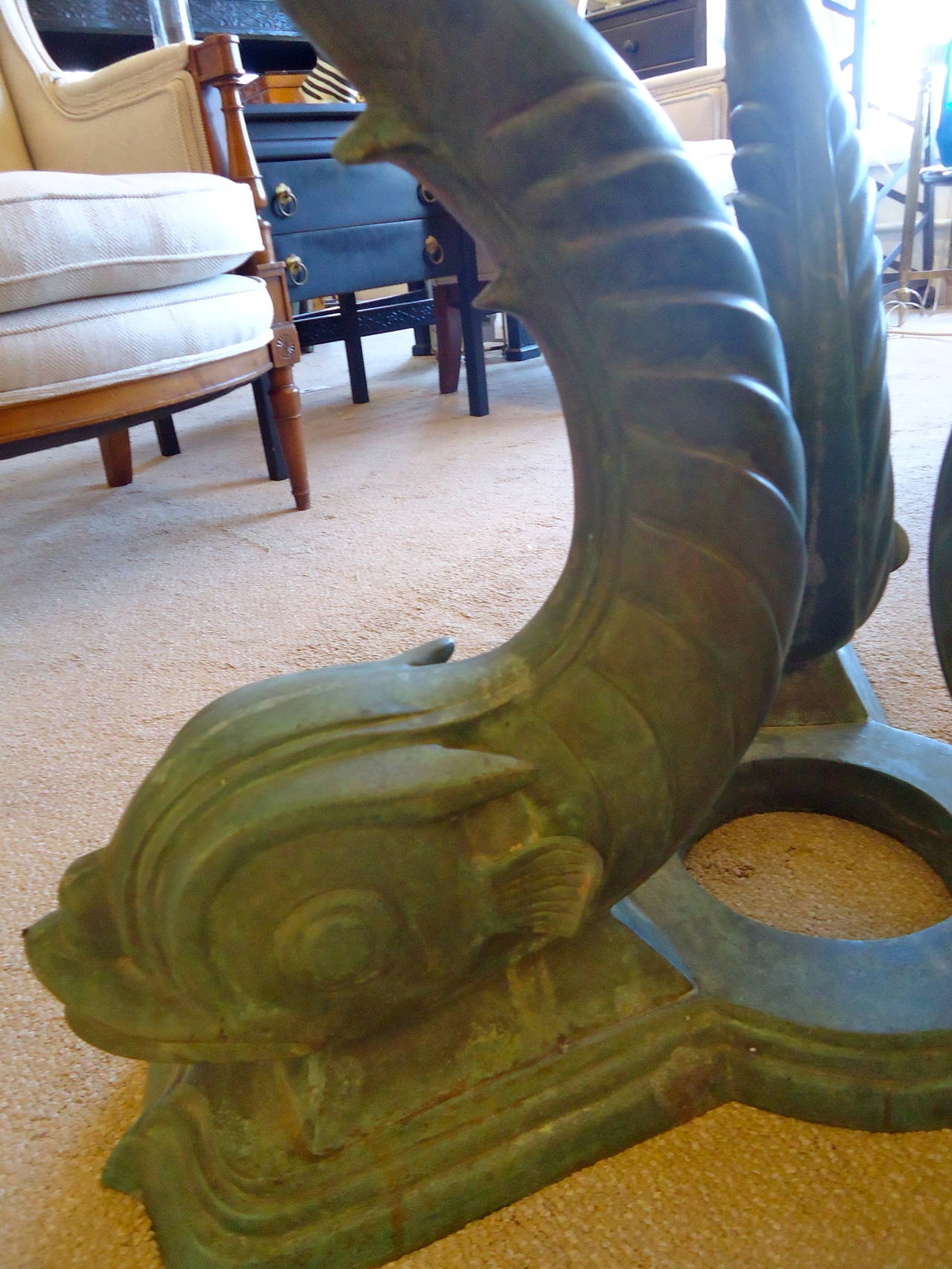 Glamorous Asian Bronze Dolphin Motif Center Hall or Dining Table