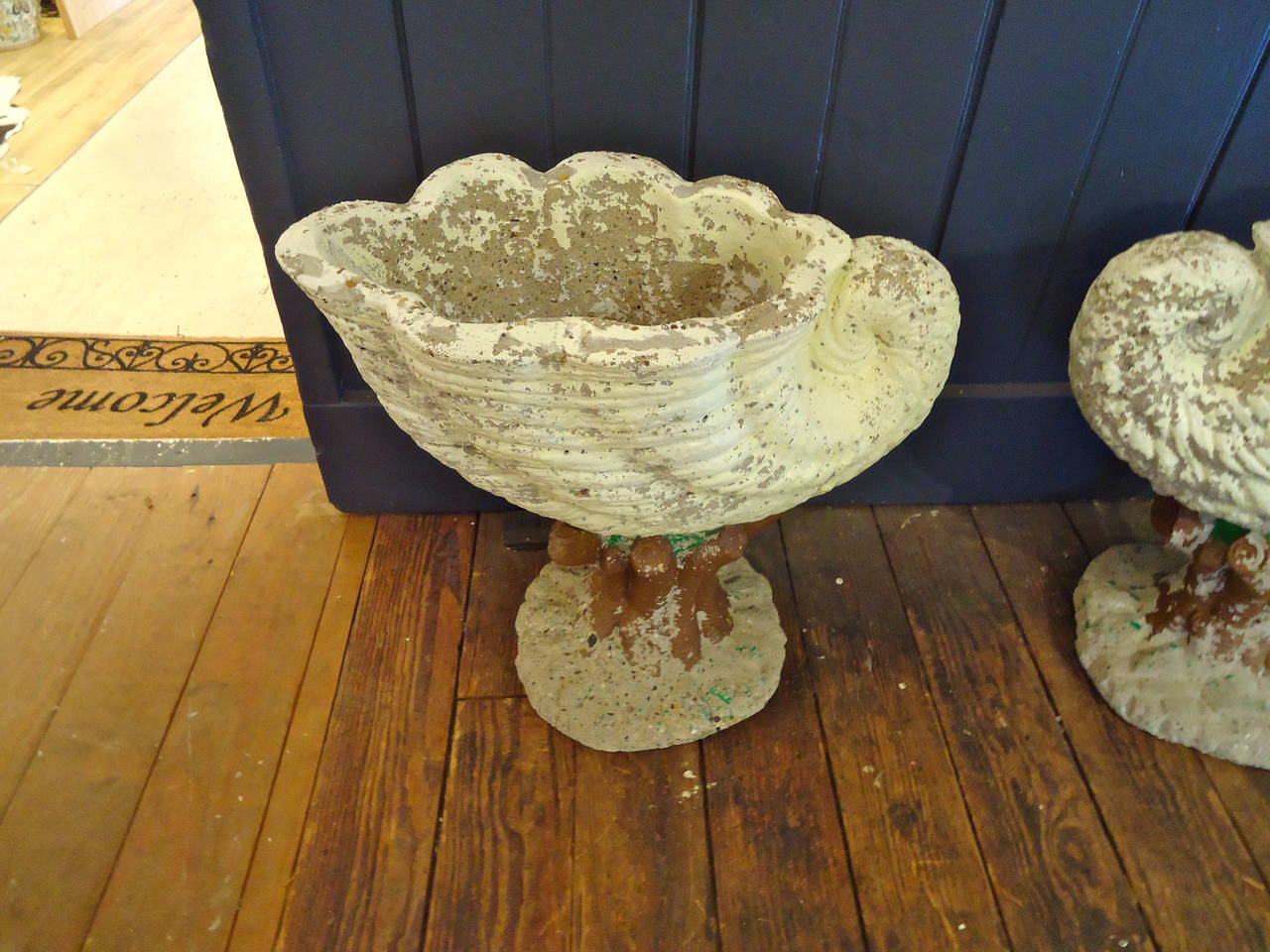 Mid-20th Century Killer Pair of Vintage Nautilus Shell and Faux Bois Planters