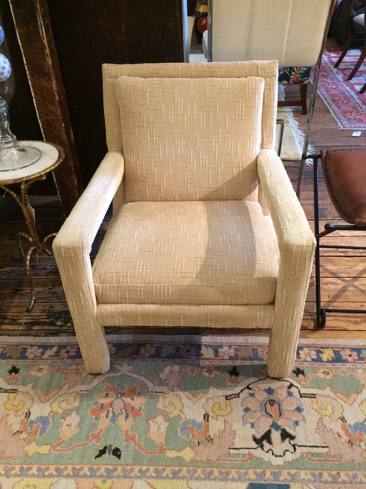 Generously sized, handsome chenille upholstered club lounge chairs.
Substantial, low slung and sexy.
Back is 24 W.
Seat 21 D.