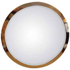 Super Large Round Midcentury Brass and Bevelled Mirror