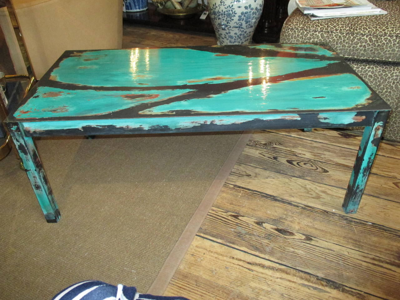 Mid-Century Modern Artisan Crafted Turquoise Metal Coffee Table