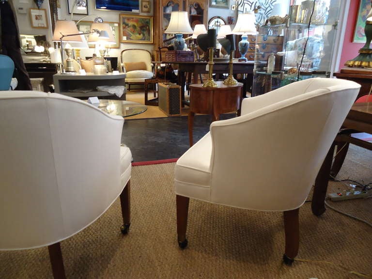 Upholstery Pair of Mid Century Modern Tub Chairs on Castors