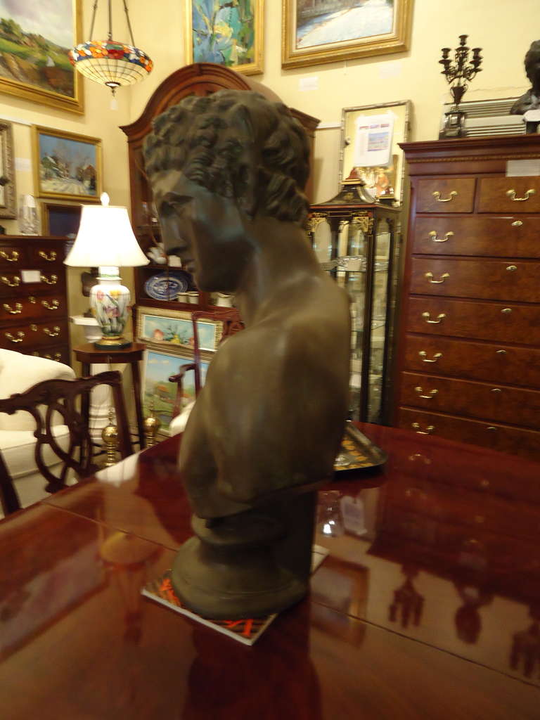 Bronze painted fiberglass, large and dramatic bust of Hermes, very impressive, decorative and not too heavy.