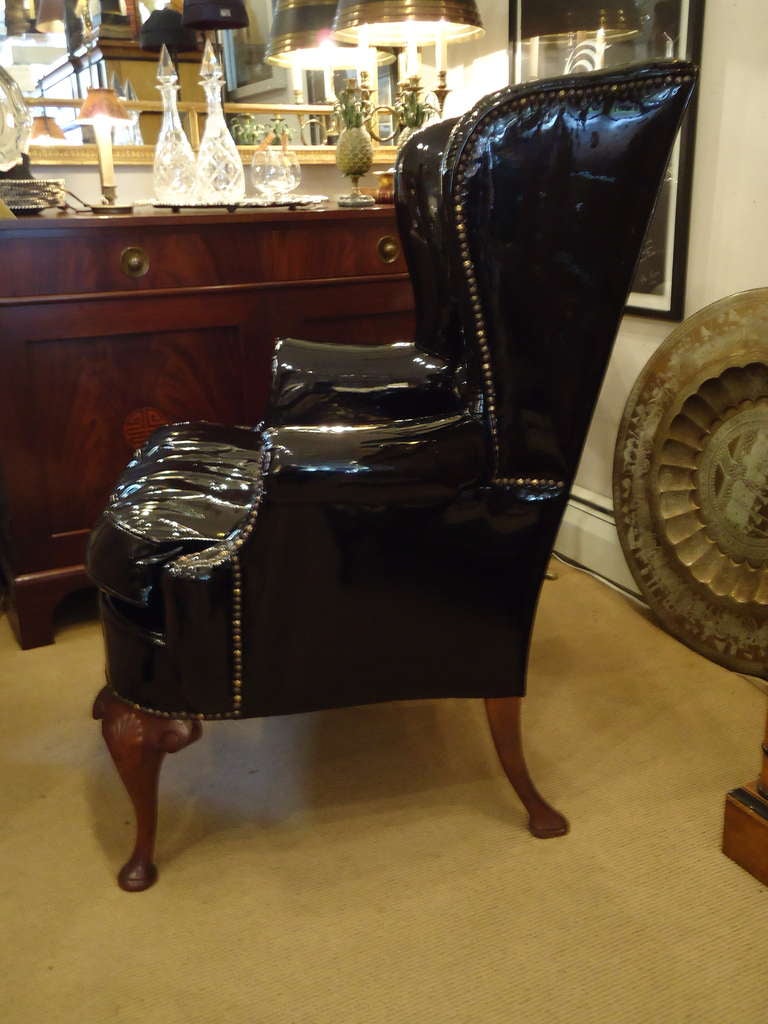 Sassy Black Patent Leather Wing Chair at 1stdibs