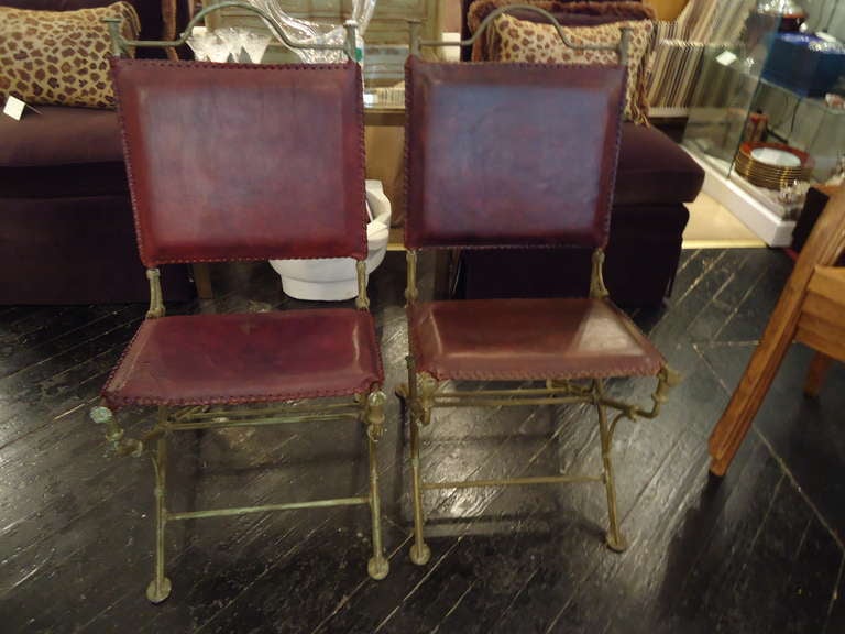 Campaign style (don't fold) Sidechairs, Italian leather and forged iron with natural patina