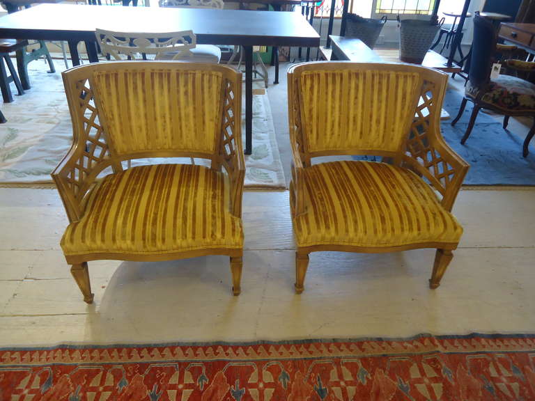 Stylish Pair of Velvet Club Chairs with Latticework Sides