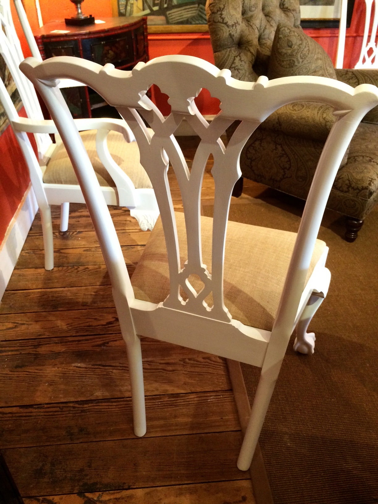 Smashing Set of Ten White Lacquered Chippendale Style Dining Chairs 4