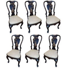 Six Vintage Chinoiserie Style Black and Gold Dining Chairs