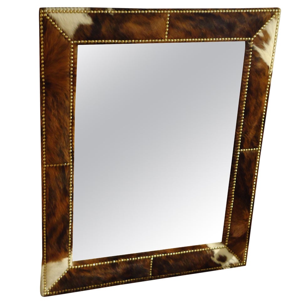 Cowhide and Nailhead Midcentury Mirror at 1stDibs