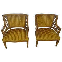 Stylish Pair of Velvet Club Chairs with Latticework Sides