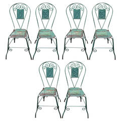 Set of 6 Rare Antique Green Iron Dining Chairs