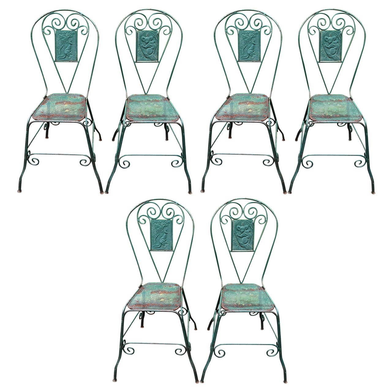 Set of 6 Rare Vintage Green Iron Dining Chairs