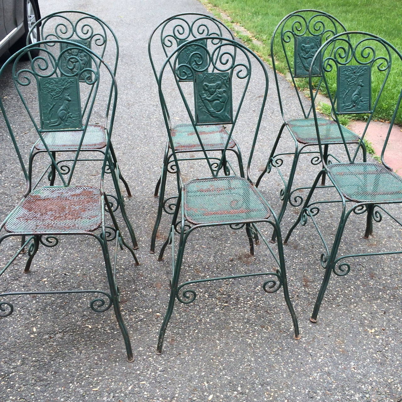 Unknown Set of 6 Rare Vintage Green Iron Dining Chairs