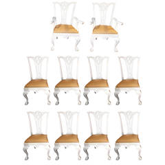 Smashing Set of Ten White Lacquered Chippendale Style Dining Chairs
