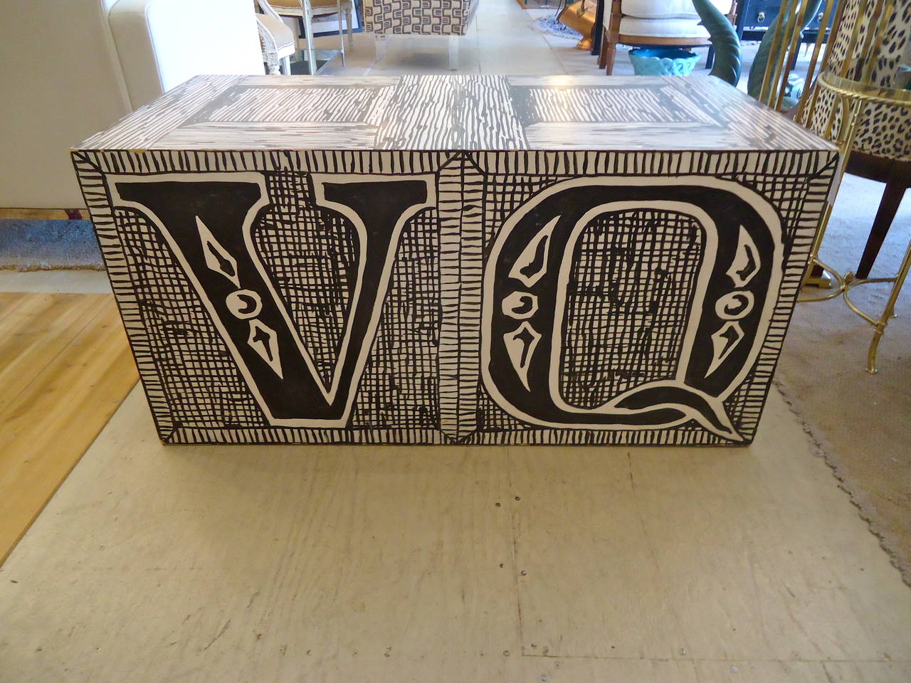 Cult figure and renowned illustrator, writer and artist Edward Gorey, 1925-2000.
Created this trio of black and white graphically painted wooden cubes. Two single cubes are 20 x 20 x 20, decorated with the letters R, Q and V. The third piece in the