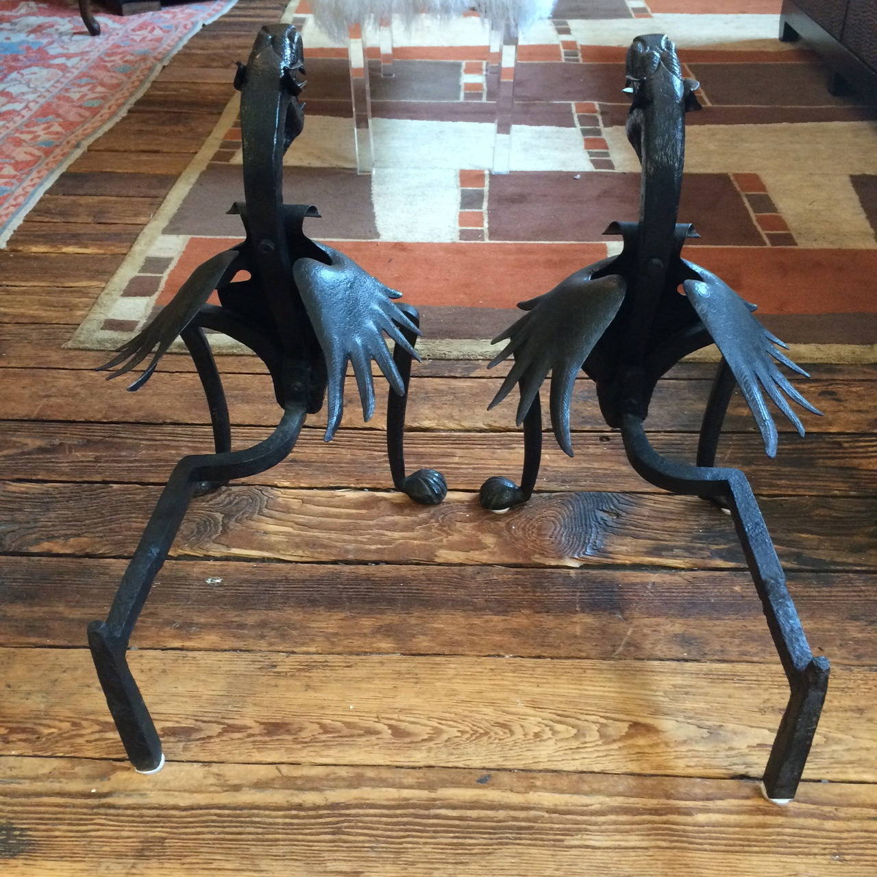 Mid-20th Century Fabulously Dramatic Pair of Fire-Breathing Dragon Andirons