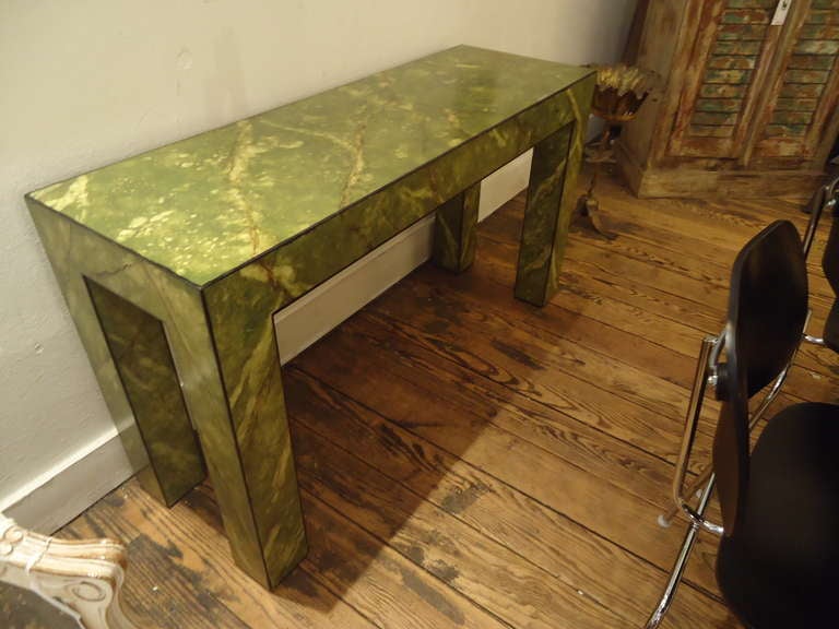 Sleek, great colors, olive and lime green with cream and brown veins, vintage faux painted marbleized console, simple Parsons design.