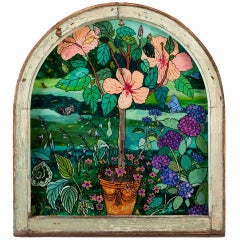 Vintage Reverse Painting on glass of Hibiscus Flowers
