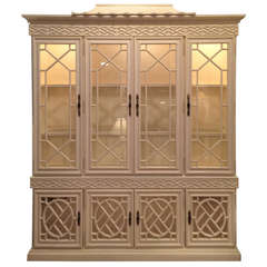 Hollywood Regency Chippendale Style White Laquer Cabinet